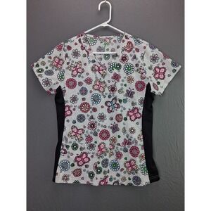 GT Performance Scrub Top Womens Medium White Butterfly Floral V-Neck Medical